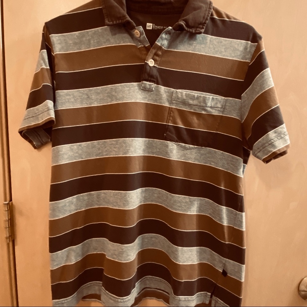 Gap Athletic Fit Polo,  Tan/Brown Stripes, Size S